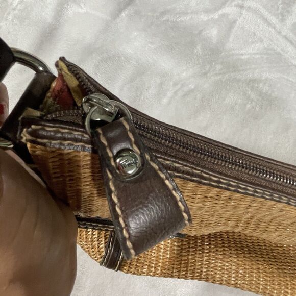 Fossil Straw Leather Multi Compartment Satchel Shoulder Bag Brown Lined 14x8 - Picture 6 of 16